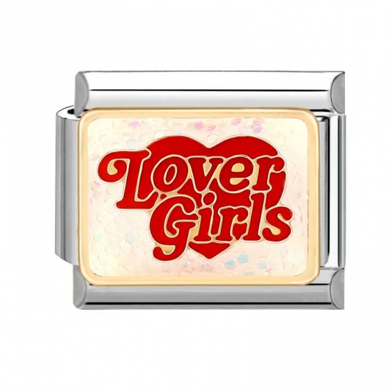 Immagine di 1 Pz 304 Acciaio Inossidabile San Valentino Bracciale con Charm Italiano a Maglie, Creazione di Gioielli Fai-da-te Tono Argento Rosso Rettangolo Cuore Messaggio " Lover Girls " 10mm x 9mm