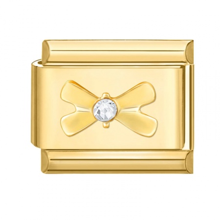 Picture of 1 Piece 304 Stainless Steel Italian Charm Links For DIY Modular Bracelet Watch Jewelry Making Wholesale Gold Plated Rectangle Bowknot Clear Rhinestone 10mm x 9mm