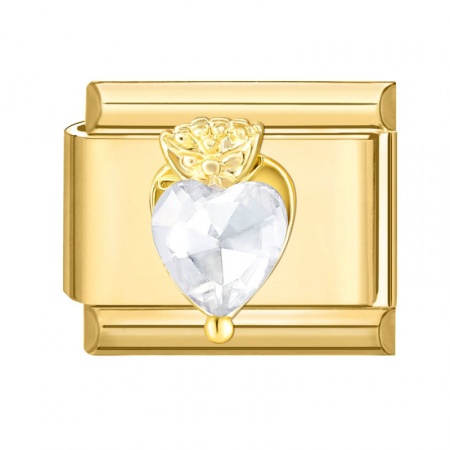 Picture of 1 Piece 304 Stainless Steel Valentine's Day Italian Charm Links For DIY Modular Bracelet Watch Jewelry Making Wholesale Gold Plated Rectangle Heart Clear Rhinestone 10mm x 9mm