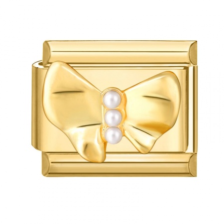Picture of 1 Piece 304 Stainless Steel Italian Charm Links For DIY Modular Bracelet Watch Jewelry Making Wholesale Gold Plated Rectangle Bowknot Imitation Pearl 10mm x 9mm