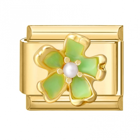 Picture of 1 Piece 304 Stainless Steel Italian Charm Links For DIY Bracelet Jewelry Making Gold Plated Green Enamel Rectangle Flower Imitation Pearl 10mm x 9mm