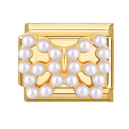 Picture of 1 Piece 304 Stainless Steel Italian Charm Links For DIY Modular Bracelet Watch Jewelry Making Wholesale Gold Plated Rectangle Bowknot Imitation Pearl 10mm x 9mm