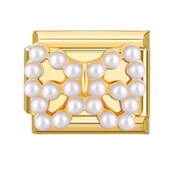 Picture of 1 Piece 304 Stainless Steel Italian Charm Links For DIY Bracelet Jewelry Making Gold Plated Rectangle Bowknot Imitation Pearl 10mm x 9mm