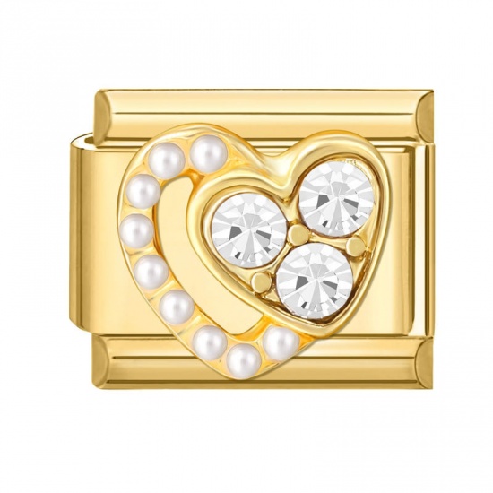 Picture of 1 Piece 304 Stainless Steel Valentine's Day Italian Charm Links For DIY Bracelet Jewelry Making Gold Plated Rectangle Heart Imitation Pearl Clear Rhinestone 10mm x 9mm