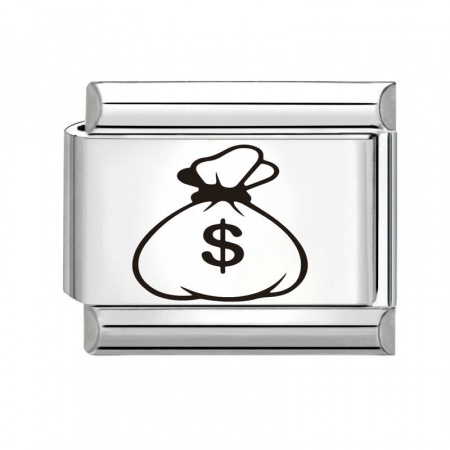 Picture of 1 Piece 304 Stainless Steel Italian Charm Links For DIY Bracelet Jewelry Making Silver Tone Rectangle Dollar Sign 10mm x 9mm