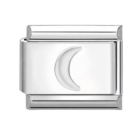 Picture of 1 Piece 304 Stainless Steel Italian Charm Links For DIY Bracelet Jewelry Making Silver Tone Rectangle Moon 10mm x 9mm