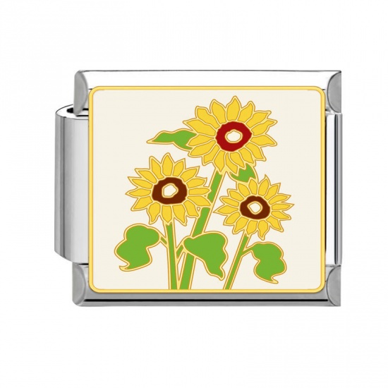 Immagine di 1 Pz 304 Acciaio Inossidabile Bracciale con Charm Italiano a Maglie, Creazione di Gioielli Fai-da-te Tono Argento Multicolore Rettangolo Fiore 10mm x 9mm