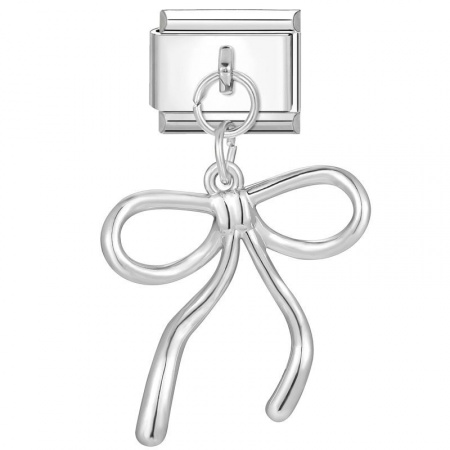 Picture of 1 Piece 304 Stainless Steel Italian Charm Links For DIY Bracelet Jewelry Making Wholesale Silver Tone Rectangle Bowknot 10mm x 9mm