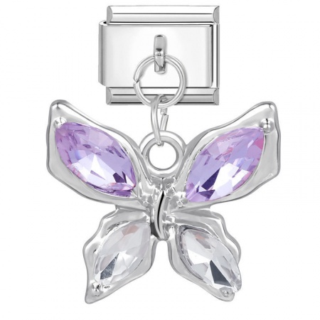 Picture of 1 Piece 304 Stainless Steel Italian Charm Links For DIY Bracelet Jewelry Making Wholesale Silver Tone Rectangle Butterfly Purple Rhinestone 10mm x 9mm