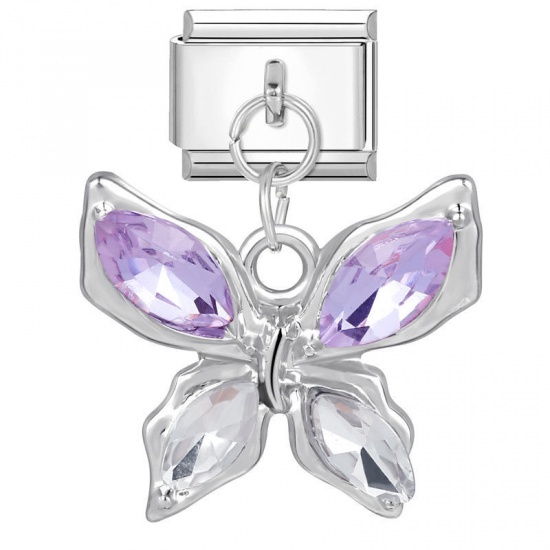 Изображение 1 Piece 304 Stainless Steel Italian Charm Links For DIY Bracelet Jewelry Making Silver Tone Rectangle Butterfly Purple Rhinestone 10mm x 9mm