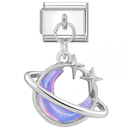 Picture of 1 Piece 304 Stainless Steel Italian Charm Links For DIY Bracelet Jewelry Making Wholesale Silver Tone Rectangle Universe Planet Purple Rhinestone 10mm x 9mm