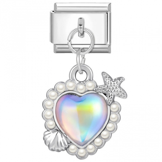 Изображение 1 Piece 304 Stainless Steel Valentine's Day Italian Charm Links For DIY Bracelet Jewelry Making Silver Tone Rectangle Heart Multicolor Rhinestone 10mm x 9mm