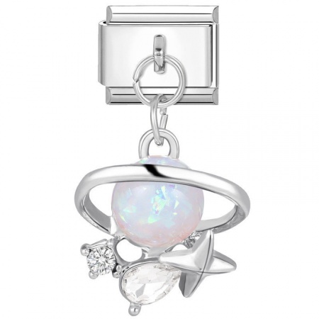 Picture of 1 Piece 304 Stainless Steel Italian Charm Links For DIY Bracelet Jewelry Making Wholesale Silver Tone Rectangle Universe Planet Imitation Opal Clear Rhinestone 10mm x 9mm
