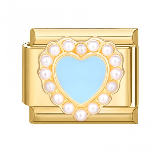 Picture of 1 Piece 304 Stainless Steel Valentine's Day Italian Charm Links For DIY Bracelet Jewelry Making Gold Plated Blue Enamel Rectangle Heart 10mm x 9mm