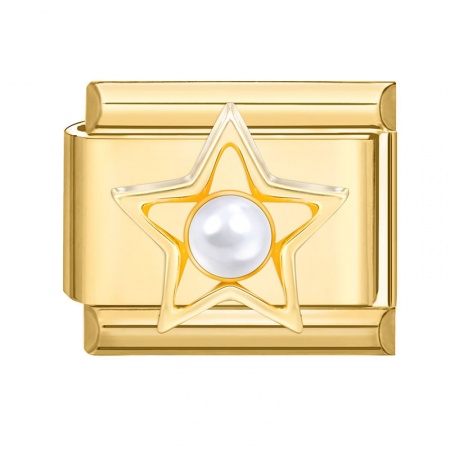 Picture of 1 Piece 304 Stainless Steel Italian Charm Links For DIY Modular Bracelet Watch Jewelry Making Wholesale Gold Plated Rectangle Pentagram Star Imitation Pearl 10mm x 9mm