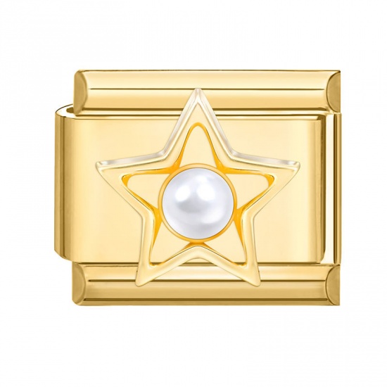 Picture of 1 Piece 304 Stainless Steel Italian Charm Links For DIY Bracelet Jewelry Making Gold Plated Rectangle Pentagram Star Imitation Pearl 10mm x 9mm
