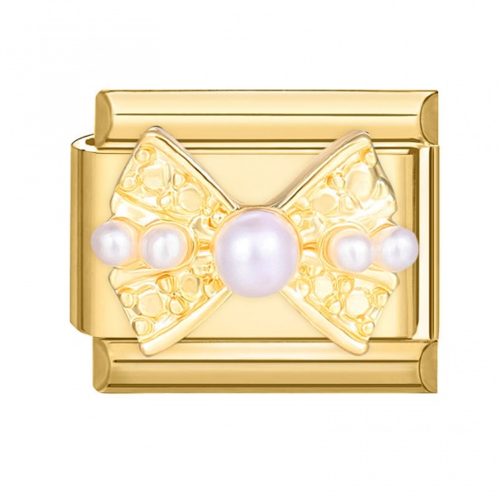 Picture of 1 Piece 304 Stainless Steel Italian Charm Links For DIY Bracelet Jewelry Making Gold Plated Rectangle Bowknot Imitation Pearl 10mm x 9mm