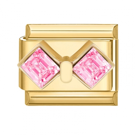 Picture of 1 Piece 304 Stainless Steel Italian Charm Links For DIY Modular Bracelet Watch Jewelry Making Wholesale Gold Plated Rectangle Bowknot Pink Rhinestone 10mm x 9mm