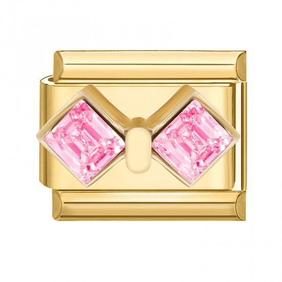 Picture of 1 Piece 304 Stainless Steel Italian Charm Links For DIY Bracelet Jewelry Making Gold Plated Rectangle Bowknot Pink Rhinestone 10mm x 9mm