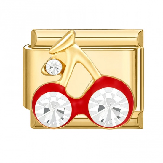 Picture of 1 Piece 304 Stainless Steel Italian Charm Links For DIY Bracelet Jewelry Making Gold Plated Red Enamel Rectangle Cherry Fruit Clear Rhinestone 10mm x 9mm