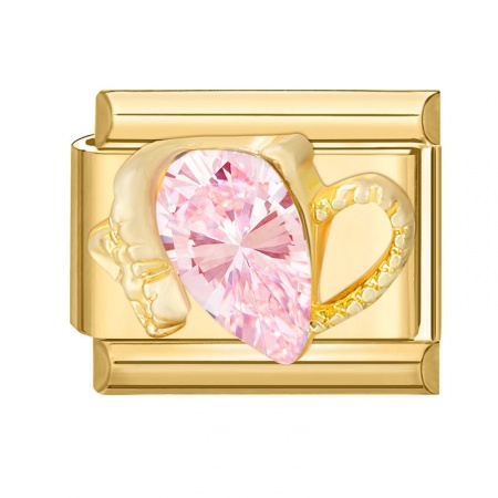 Picture of 1 Piece 304 Stainless Steel Valentine's Day Italian Charm Links For DIY Modular Bracelet Watch Jewelry Making Wholesale Gold Plated Rectangle Heart Pink Rhinestone 10mm x 9mm