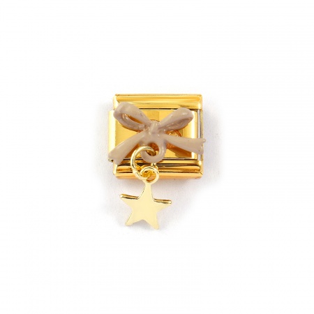 Picture of 1 Piece 304 Stainless Steel Italian Charm Links For DIY Modular Bracelet Watch Jewelry Making Wholesale Gold Plated Rectangle Bowknot 10mm x 9mm