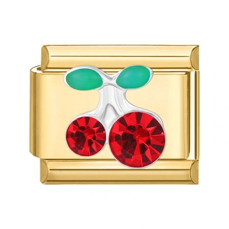 Picture of 1 Piece 304 Stainless Steel Italian Charm Links For DIY Modular Bracelet Watch Jewelry Making Wholesale Gold Plated Rectangle Cherry Fruit Red Rhinestone 10mm x 9mm