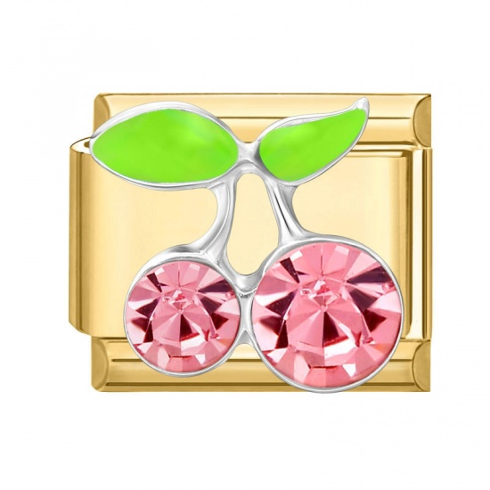 Picture of 1 Piece 304 Stainless Steel Italian Charm Links For DIY Bracelet Jewelry Making Gold Plated Rectangle Cherry Fruit Pink Rhinestone 10mm x 9mm