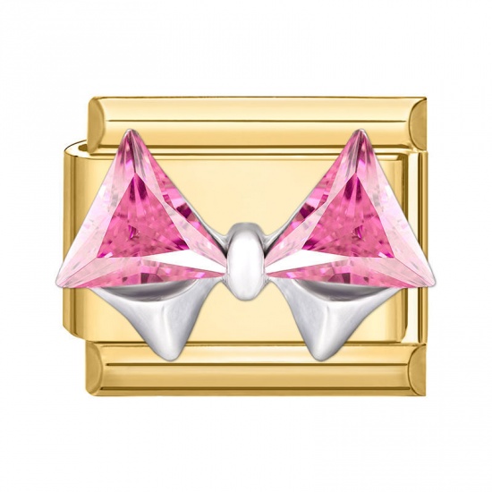 Picture of 1 Piece 304 Stainless Steel Italian Charm Links For DIY Bracelet Jewelry Making Gold Plated Rectangle Pink Rhinestone 10mm x 9mm