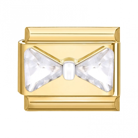 Picture of 1 Piece 304 Stainless Steel Italian Charm Links For DIY Bracelet Jewelry Making Gold Plated Rectangle Bowknot Clear Rhinestone 10mm x 9mm