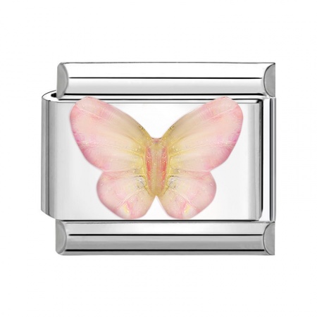 Picture of 1 Piece 304 Stainless Steel Italian Charm Links For DIY Modular Bracelet Watch Jewelry Making Wholesale Silver Tone Pink Rectangle Butterfly 10mm x 9mm