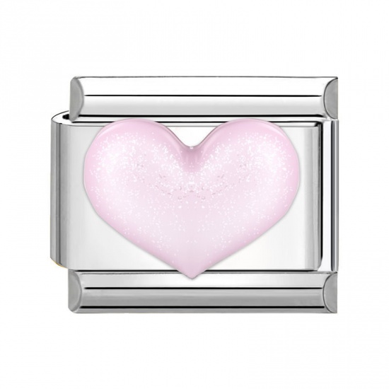 Picture of 1 Piece 304 Stainless Steel Valentine's Day Italian Charm Links For DIY Bracelet Jewelry Making Silver Tone Pink Rectangle Heart 10mm x 9mm