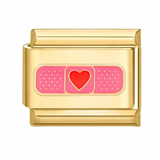 Picture of 1 Piece 304 Stainless Steel Valentine's Day Italian Charm Links For DIY Bracelet Jewelry Making Gold Plated Red Rectangle Heart 10mm x 9mm