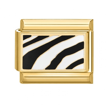 Picture of 1 Piece 304 Stainless Steel Italian Charm Links For DIY Bracelet Jewelry Making Gold Plated Black & White Rectangle Zebra Stripe 10mm x 9mm