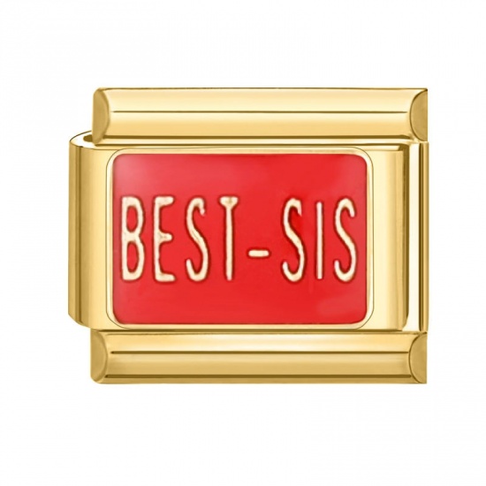 Picture of 1 Piece 304 Stainless Steel Italian Charm Links For DIY Bracelet Jewelry Making Gold Plated Red Rectangle Message " BEST SIS " 10mm x 9mm