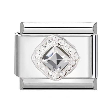 Picture of 1 Piece 304 Stainless Steel Italian Charm Links For DIY Modular Bracelet Watch Jewelry Making Wholesale Silver Tone Rectangle Clear Rhinestone 10mm x 9mm