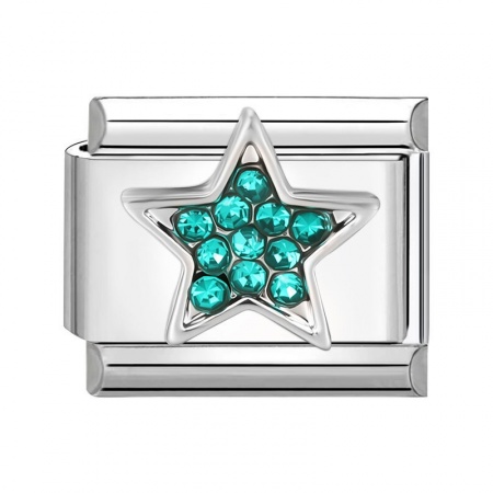 Picture of 1 Piece 304 Stainless Steel Italian Charm Links For DIY Modular Bracelet Watch Jewelry Making Wholesale Silver Tone Rectangle Pentagram Star Green Blue Rhinestone 10mm x 9mm
