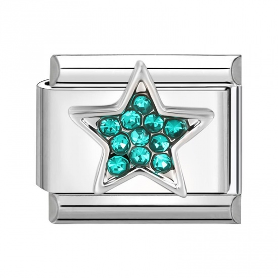 Picture of 1 Piece 304 Stainless Steel Italian Charm Links For DIY Bracelet Jewelry Making Silver Tone Rectangle Pentagram Star Green Blue Rhinestone 10mm x 9mm