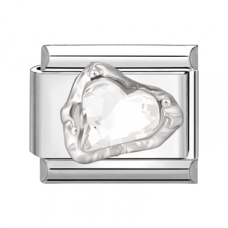 Picture of 1 Piece 304 Stainless Steel Valentine's Day Italian Charm Links For DIY Modular Bracelet Watch Jewelry Making Wholesale Silver Tone Rectangle Heart Clear Rhinestone 10mm x 9mm