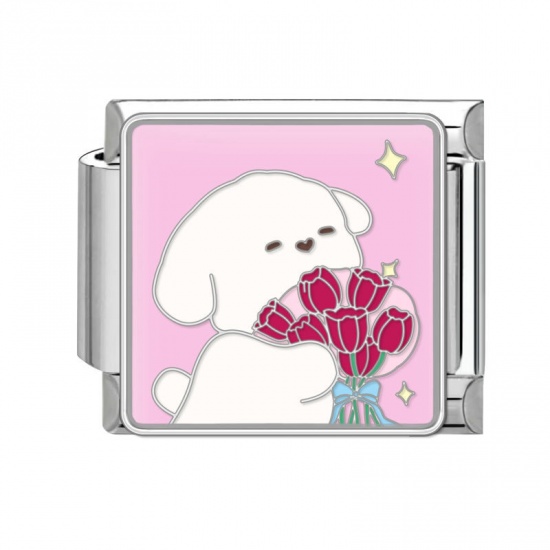Immagine di 1 Pz 304 Acciaio Inossidabile Bracciale con Charm Italiano a Maglie, Creazione di Gioielli Fai-da-te Tono Argento Multicolore Rettangolo Cane 10mm x 9mm