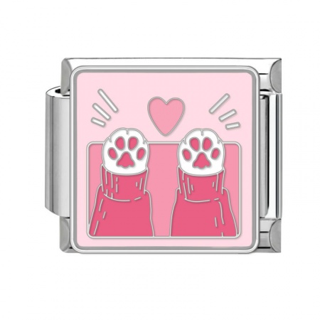 Picture of 1 Piece 304 Stainless Steel Italian Charm Links For DIY Bracelet Jewelry Making Silver Tone Pink Rectangle Paw Claw 10mm x 9mm