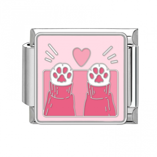 Изображение 1 Piece 304 Stainless Steel Italian Charm Links For DIY Bracelet Jewelry Making Silver Tone Pink Rectangle Paw Claw 10mm x 9mm