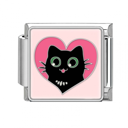 Picture of 1 Piece 304 Stainless Steel Italian Charm Links For DIY Bracelet Jewelry Making Silver Tone Black Rectangle Cat 10mm x 9mm