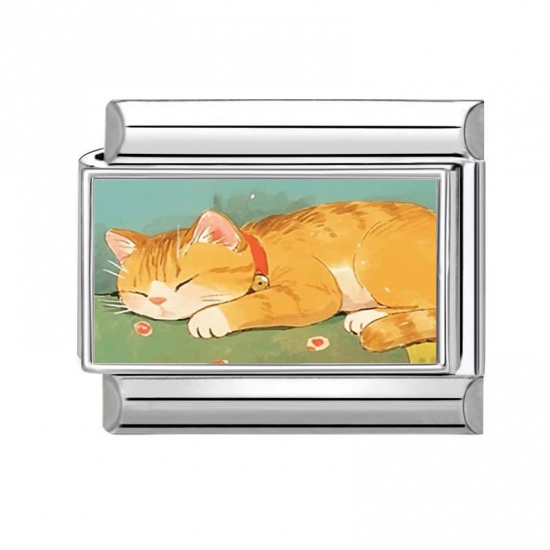 Picture of 1 Piece 304 Stainless Steel Italian Charm Links For DIY Bracelet Jewelry Making Silver Tone Yellow Rectangle Cat 10mm x 9mm