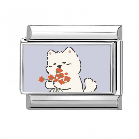Picture of 1 Piece 304 Stainless Steel Italian Charm Links For DIY Bracelet Jewelry Making Silver Tone Multicolor Rectangle Cat 10mm x 9mm