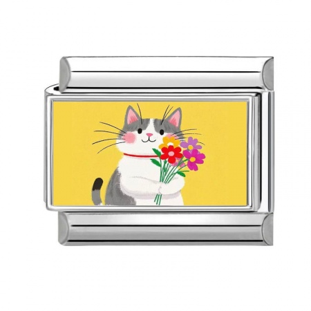 Picture of 1 Piece 304 Stainless Steel Italian Charm Links For DIY Bracelet Jewelry Making Silver Tone Multicolor Rectangle Cat 10mm x 9mm