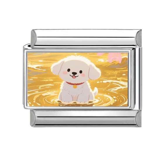 Picture of 1 Piece 304 Stainless Steel Italian Charm Links For DIY Bracelet Jewelry Making Silver Tone Multicolor Rectangle Dog 10mm x 9mm