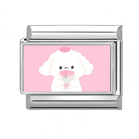 Picture of 1 Piece 304 Stainless Steel Italian Charm Links For DIY Bracelet Jewelry Making Silver Tone Pink Rectangle Dog 10mm x 9mm