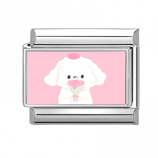 Picture of 1 Piece 304 Stainless Steel Italian Charm Links For DIY Bracelet Jewelry Making Silver Tone Pink Rectangle Dog 10mm x 9mm