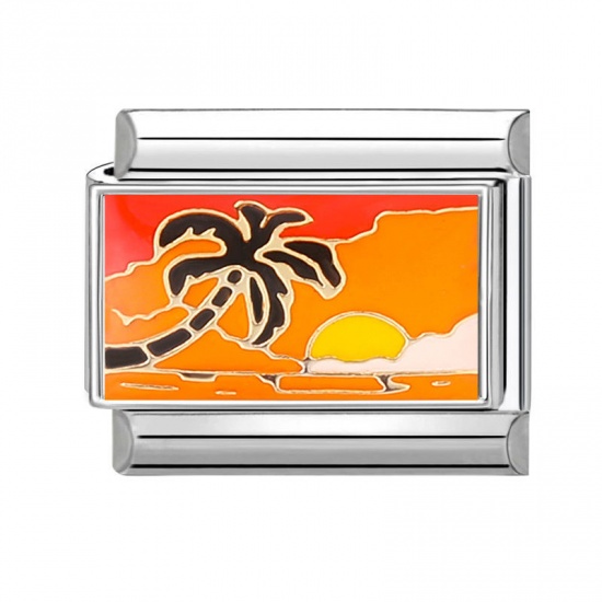 Picture of 1 Piece 304 Stainless Steel Italian Charm Links For DIY Bracelet Jewelry Making Silver Tone Multicolor Rectangle Coconut Palm Tree 10mm x 9mm